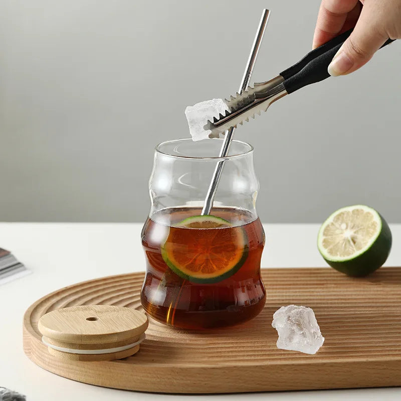 Drinking glass with wave shape, lid &amp; straw (400ml)