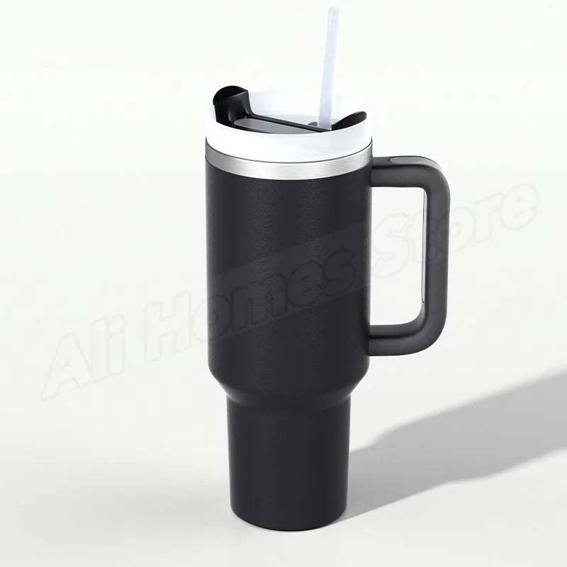 Stainless steel thermo mug with handle &amp; drinking straw 1180 ml