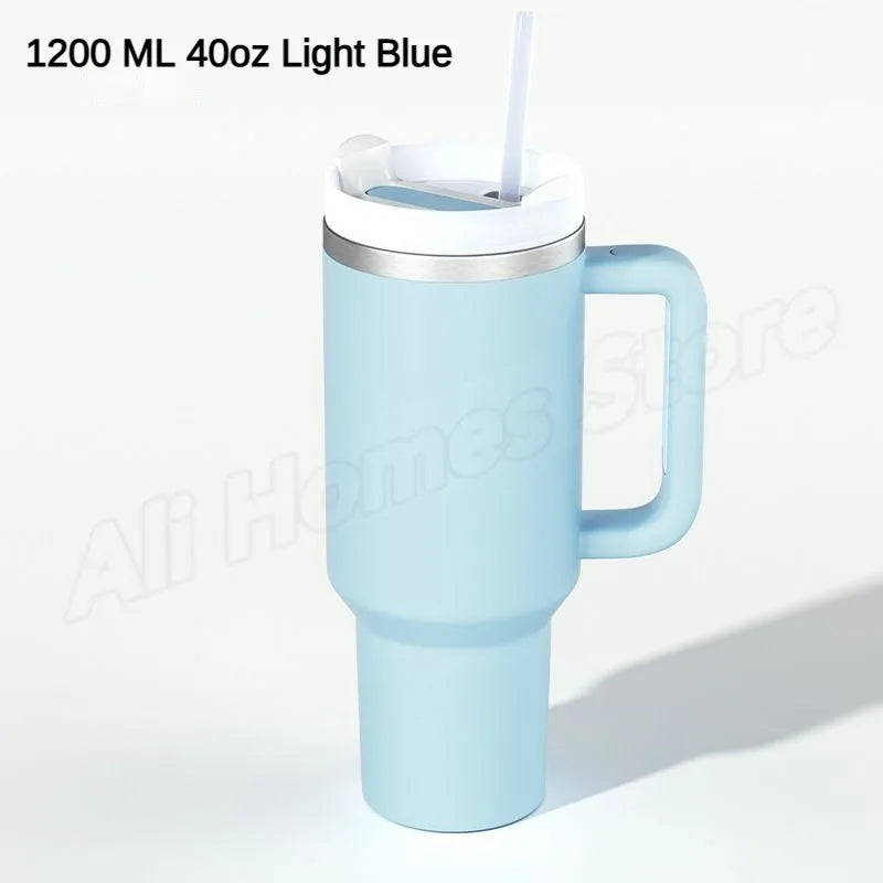 Stainless steel thermo mug with handle &amp; drinking straw 1180 ml