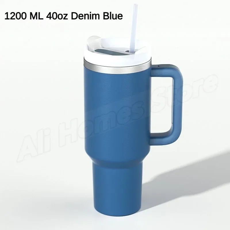 Stainless steel thermo mug with handle &amp; drinking straw 1180 ml
