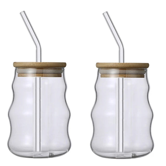Drinking glass with wave shape, lid &amp; straw (400ml)