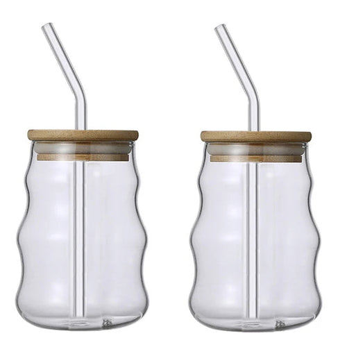 Drinking glass with wave shape, lid & straw (400ml)