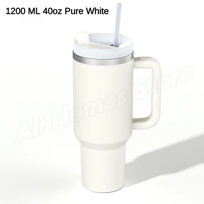 Stainless steel thermo mug with handle &amp; drinking straw 1180 ml