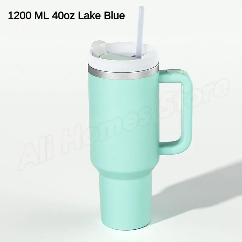 Stainless steel thermo mug with handle &amp; drinking straw 1180 ml
