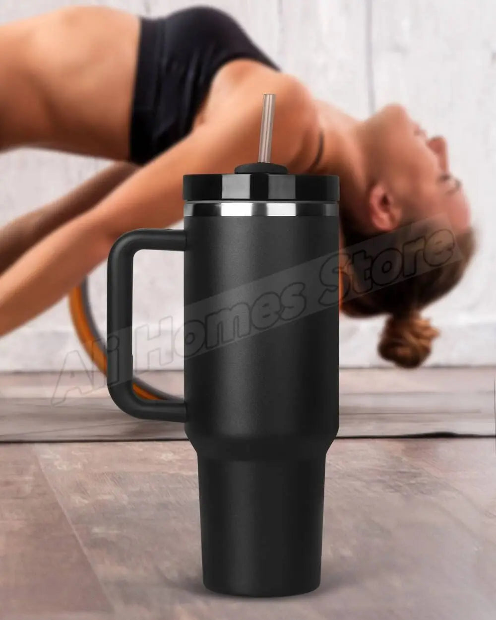 Stainless steel thermo mug with handle &amp; drinking straw 1180 ml