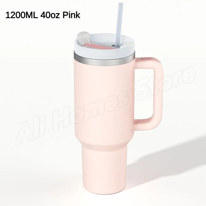 Stainless steel thermo mug with handle &amp; drinking straw 1180 ml