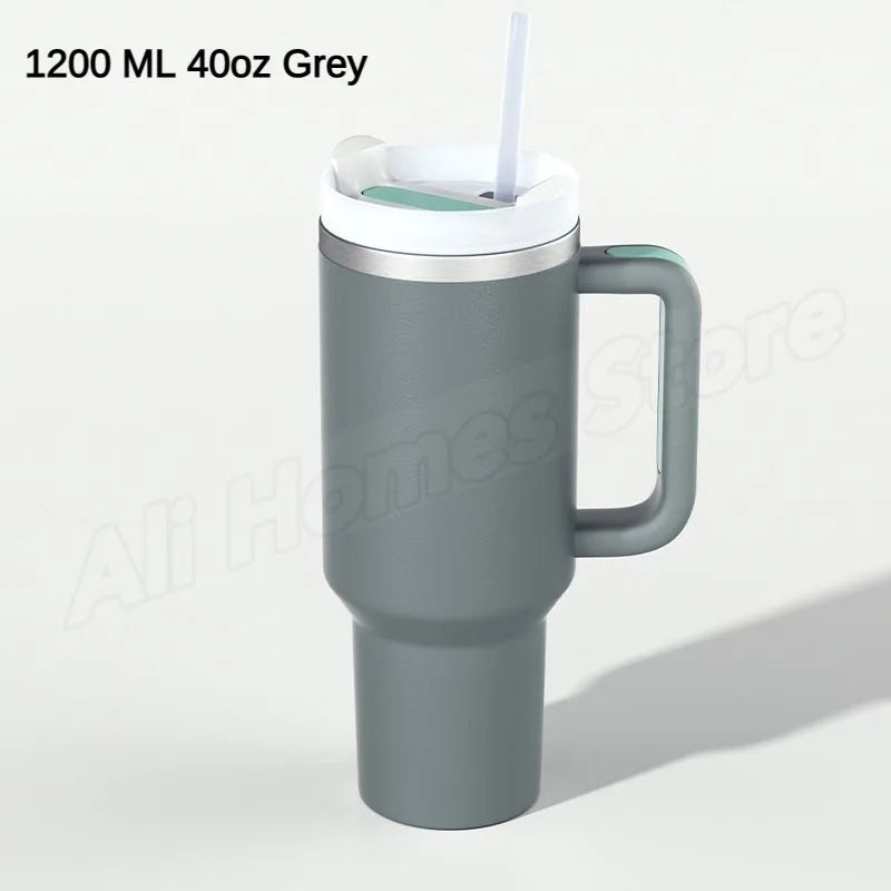 Stainless steel thermo mug with handle &amp; drinking straw 1180 ml