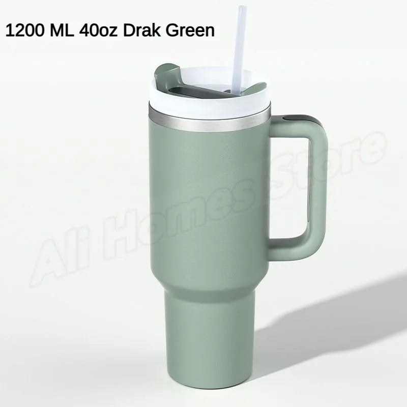 Stainless steel thermo mug with handle &amp; drinking straw 1180 ml