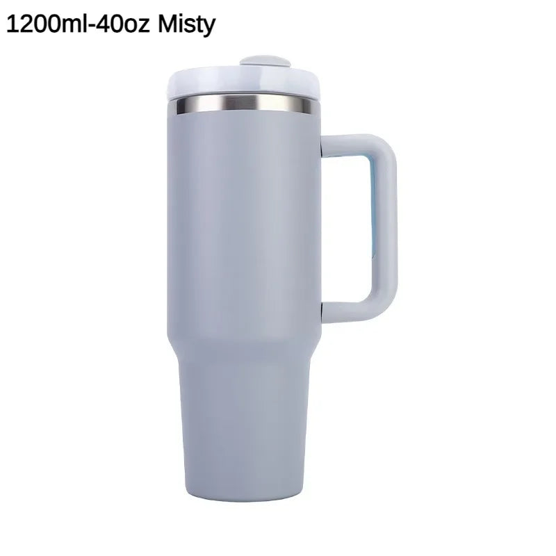 Stainless steel thermo mug with handle &amp; drinking straw 1180 ml