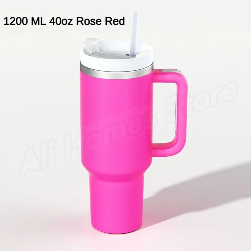 Stainless steel thermo mug with handle &amp; drinking straw 1180 ml